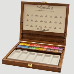 Cassetta in Legno 24 Acquerelli Extra Fini Sennelier, formato 1/2 godet + 2 Pennelli e Tavolozza in Ceramica