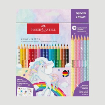 Confezione 18 Matite Colorate Colour Grip + 6 Matite Colorate Sparkle Pastel Unicorno Faber-Castell