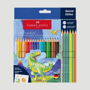 Confezione 18 Matite Colorate Colour Grip + 6 Matite Colorate Colour Grip Metallic e Neon Dinosauro Faber-Castell