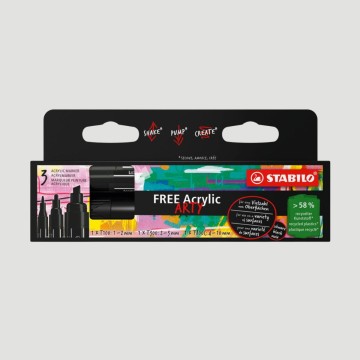 Confezione 3 Marker Acrilici Neri STABILO FREE Acrylic, 3 diverse punte