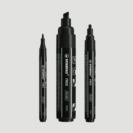Confezione 3 Marker Acrilici Neri STABILO FREE Acrylic, 3 diverse punte