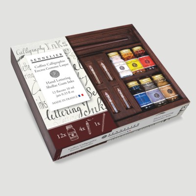 Cassetta in Legno Calligrafia Sennelier - 12 Inchiostri e 4 Pennini