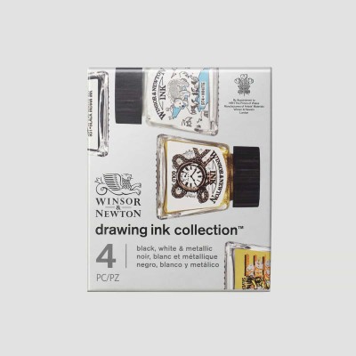 Confezione Inchiostro Colorato Winsor&Newton Ink, 4 Flaconi bianco+nero+colori metallici