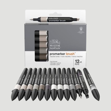 Set Promarker Brush Winsor&Newton Toni Grigi, 12 colori + blender