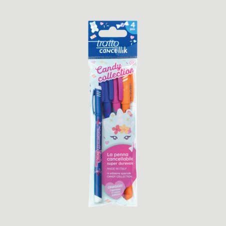 Confezione Penne Tratto Cancellik Candy Collection, 4 penne e gomma a cuore