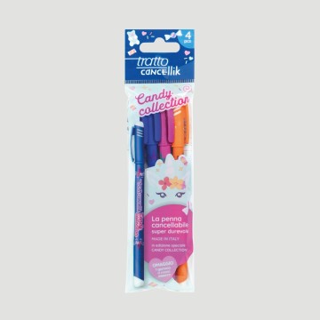 Confezione Penne Tratto Cancellik Candy Collection, 4 penne e gomma a cuore