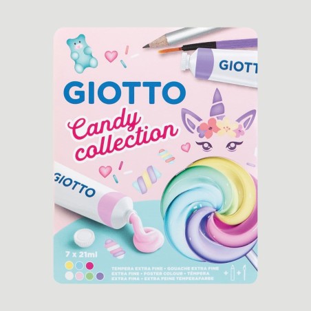 Confezione Tempera Extra Fine Giotto Candy Collection, 7 colori + 1 pennello