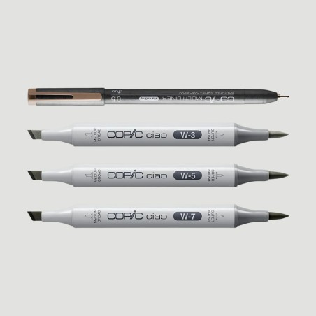 Set 3 Marker Copic Ciao Dark Warm Grey, toni di grigio caldo scuro con 1 Copic Multiliner