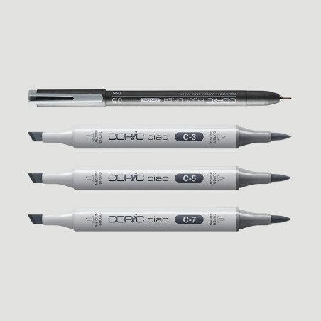 Set 3 Marker Copic Ciao Dark Cool Grey, toni di grigio freddi scuri con 1 Copic Multiliner
