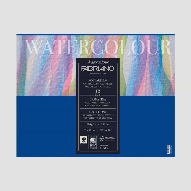 Blocco Watercolour Fabriano, 12 Fogli Grana Fine 300gr